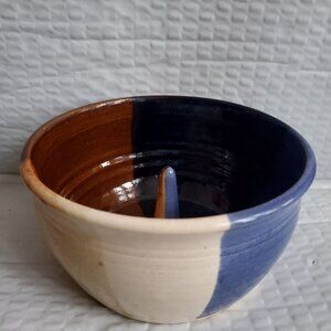 Signed Pottery Bowl "Down to Earth" Studio Pot Handmade Rust Blue Tan Drip Glaze